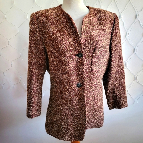 Vintage Blazer Suit Jacket By Jones Wear • Tan & Red • Size 14 - Picture 1 of 7